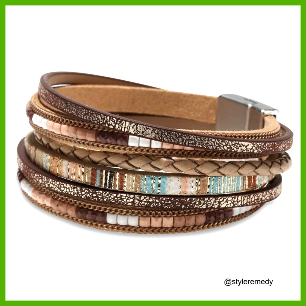 Leather Wrap Bracelet With Crystal Beads, Multi-Layer Boho Cuff For Women